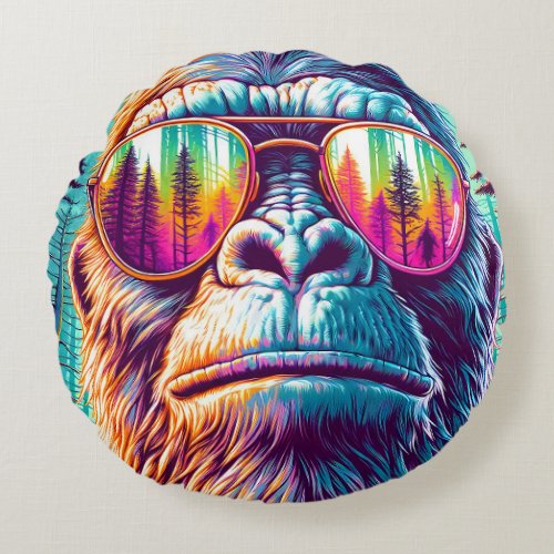 Cool Bigfoot in Hip Sunglasses Round Pillow