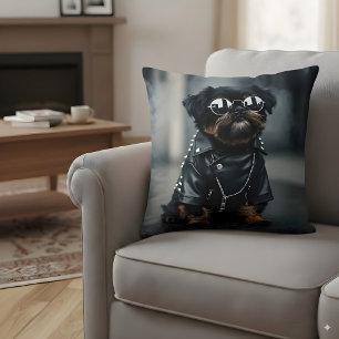 Cool Biker Dog with Sunglasses Funny Punk Rock Throw Pillow
