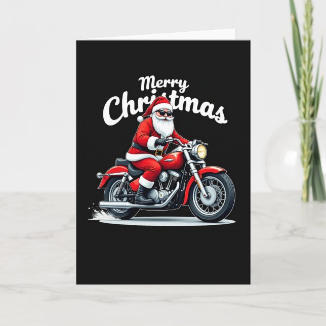 Cool Biker Santa Christmas Card Black Background (Front)