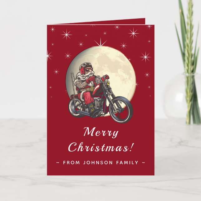 Cool Biker Santa Motorcycle Red Sparkle & Moon Fun Card (Front)