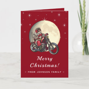 Cool Biker Santa Motorcycle Red Sparkle & Moon Fun Card