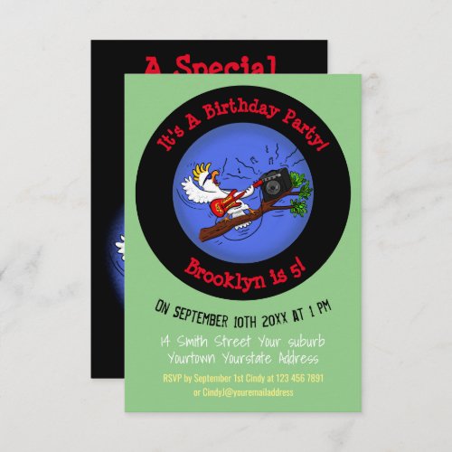 Cool bird rock guitar player cartoon  invitation