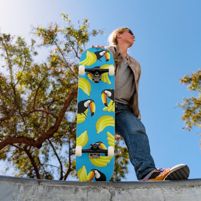 Cool Birds Fun Banana Toucan Blue Yellow Tropical Skateboard (Outdoor 1)