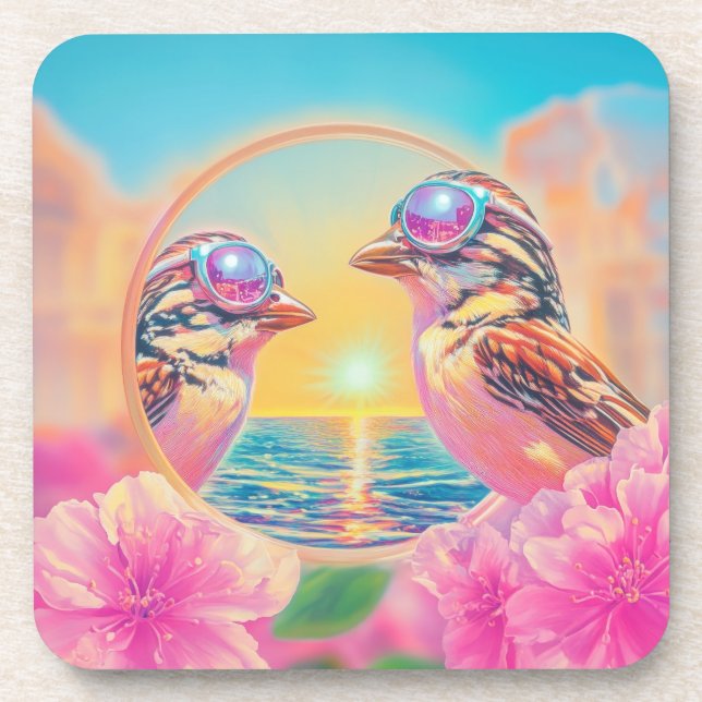 Cool Birds with Sunglasses at Sunset Beverage Coaster (Front)