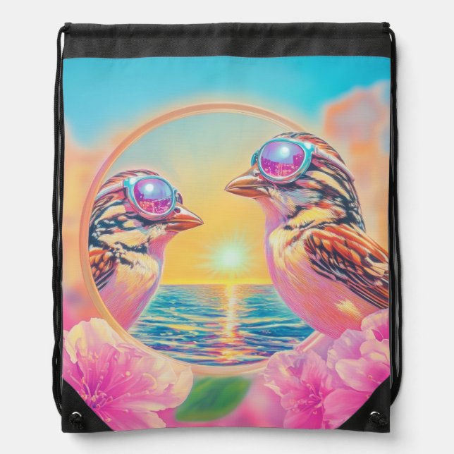 Cool Birds with Sunglasses at Sunset Drawstring Bag (Front)
