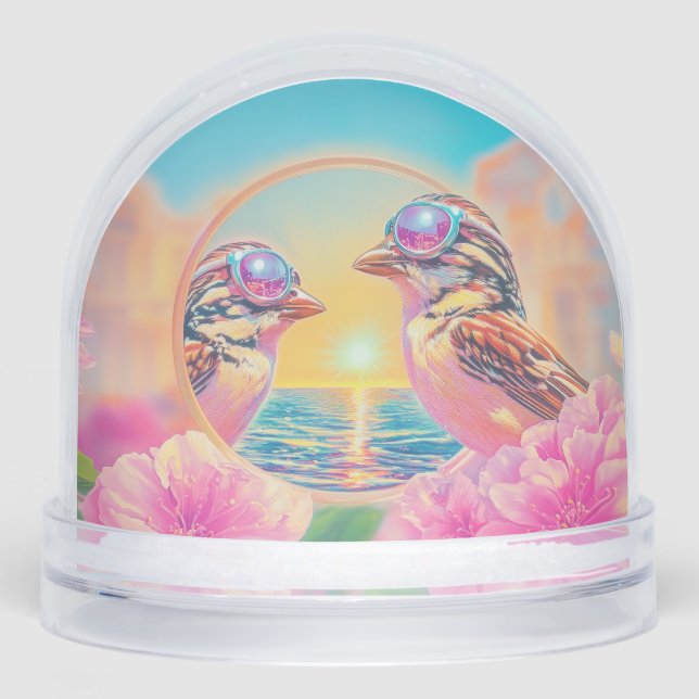 Cool Birds with Sunglasses at Sunset Snow Globe (Front)