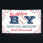 Cool 'Birthday Boy' Baseball Sport Happy Birthday Banner<br><div class="desc">'Birthday Boy' baseball themed happy birthday banner,  featuring navy blue and red text on a classic white background,  stars,  and a sporty birthday template that is easy to customize.</div>