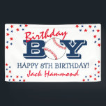 Cool 'Birthday Boy' Baseball Sport Happy Birthday Banner<br><div class="desc">'Birthday Boy' baseball themed happy birthday banner,  featuring navy blue and red text on a classic white background,  stars,  and a sporty birthday template that is easy to customize.</div>
