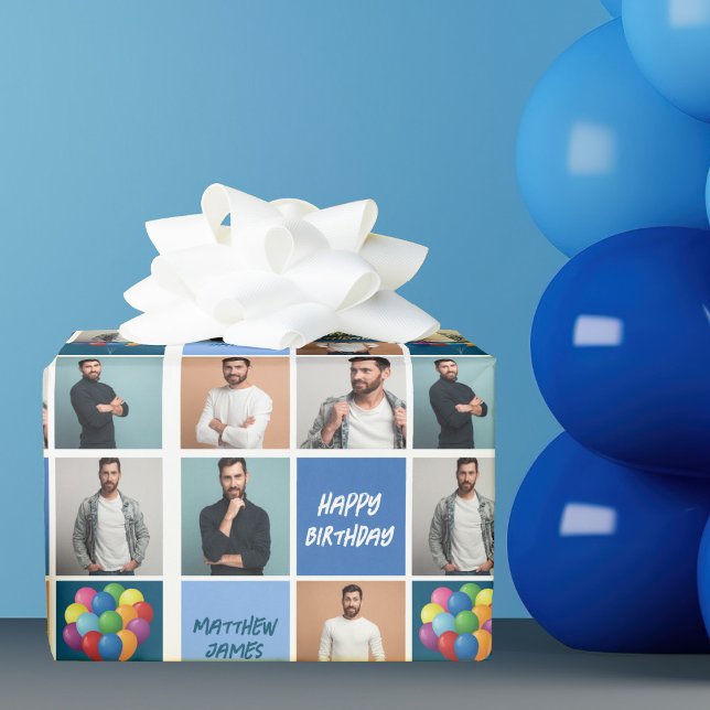 Cool Birthday Boy Mens Photo Collage Personalized Wrapping Paper (Creator Uploaded)