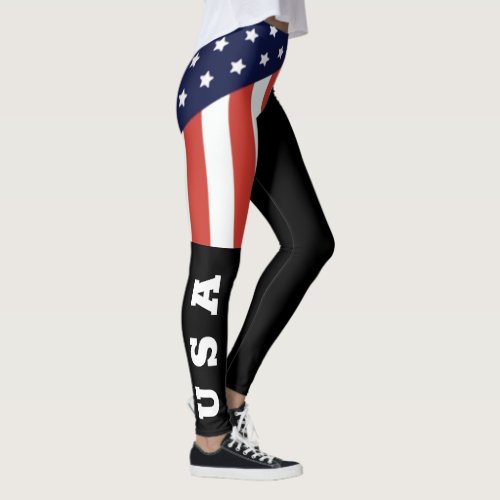 Cool Black American Flag White Letters USA Womens  Leggings