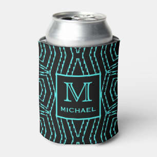 Cool Black and Blue Jagged ZigZag Pattern Monogram Can Cooler