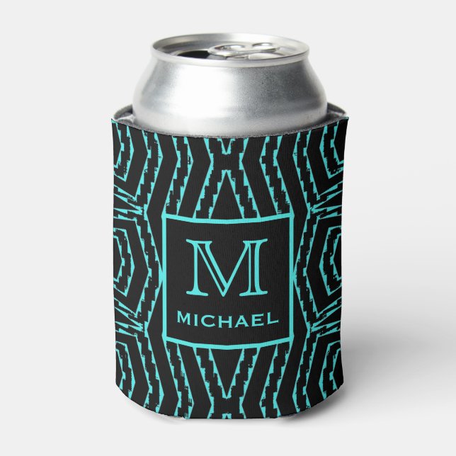 Cool Black and Blue Jagged ZigZag Pattern Monogram Can Cooler (Can Front)