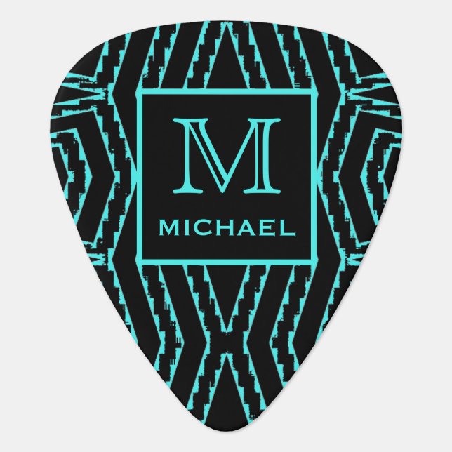 Cool Black and Blue Jagged ZigZag Pattern Monogram Guitar Pick (Front)