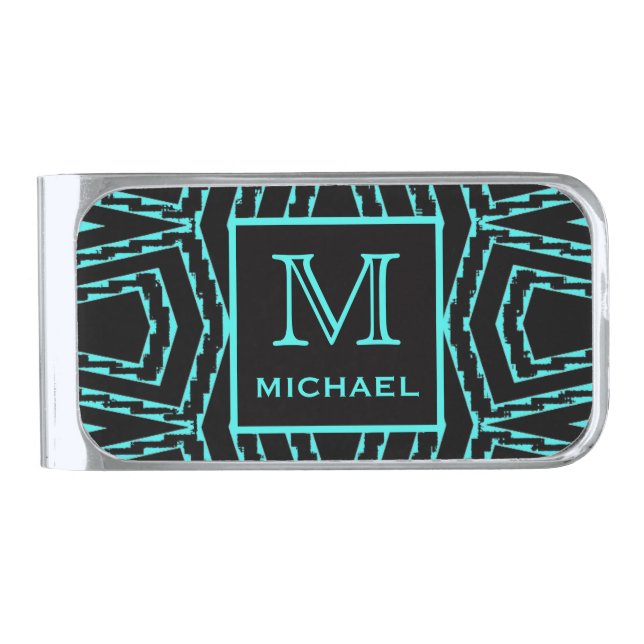 Cool Black and Blue Jagged ZigZag Pattern Monogram Silver Finish Money Clip (Front)