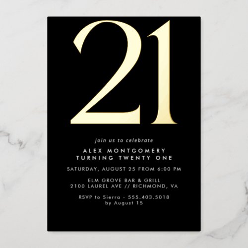 Cool Black and Gold  Mens or Womens 21st Birthday Foil Invitation