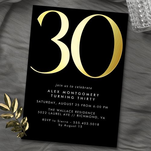 Cool Black and Gold  Womens or Mens 30th Birthday Foil Invitation