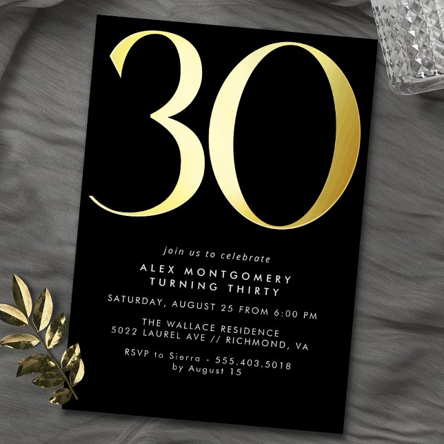 Cool Black and Gold | Womens or Mens 30th Birthday Foil Invitation (Creator Uploaded)