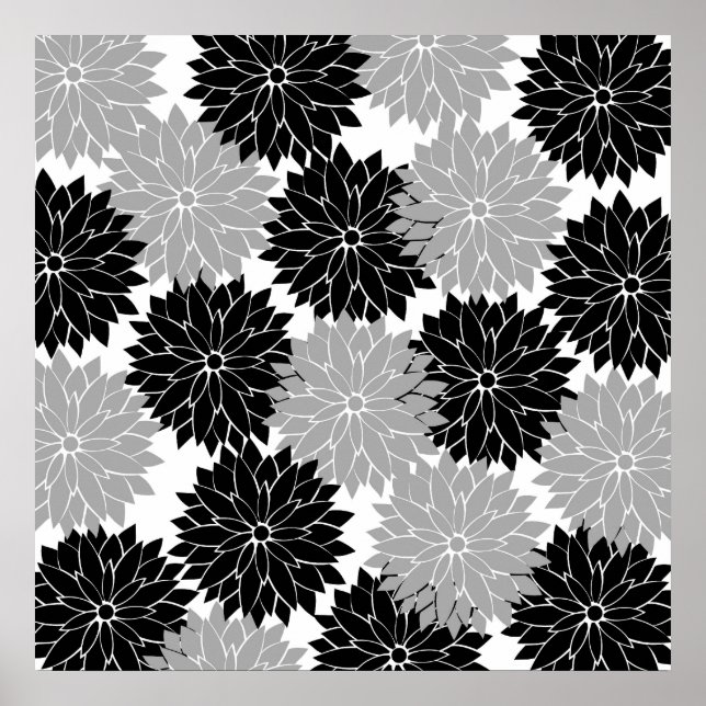 Cool Black and Gray Flower Blossoms Floral Print (Front)
