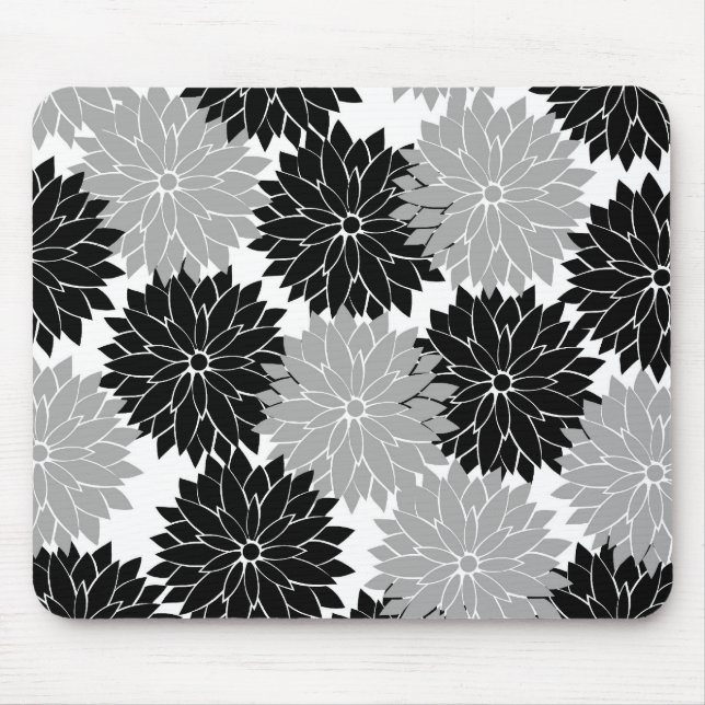 Cool Black and Gray Flower Blossoms Floral Print Mouse Pad (Front)