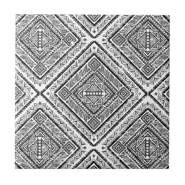Cool Black and White Aztec Tribal Pattern Ceramic Tile (Front)