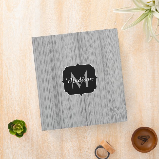 Cool Black and White bamboo wood print Monogram 3 Ring Binder (In Situ)