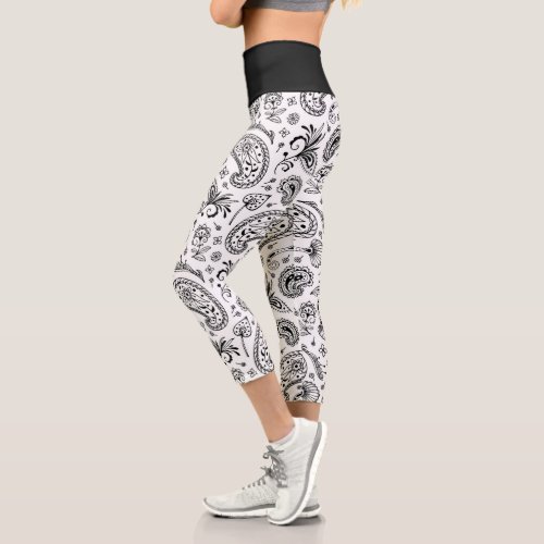 Custom Leggings 14 Cool Black And White Bandana Paisley Capri Leggings