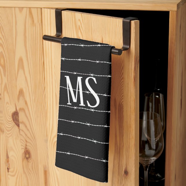 Cool black and white barbed wire pattern Monogram Kitchen Towel (Thirds Fold)