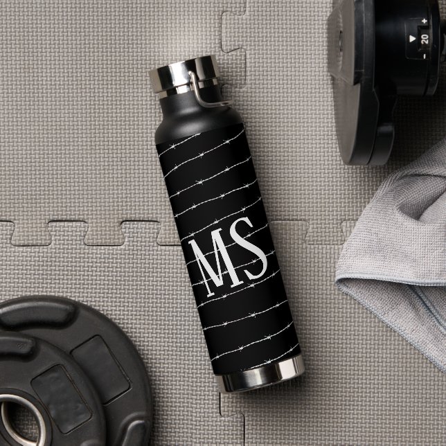 Cool black and white barbed wire pattern Monogram Water Bottle (Gym)