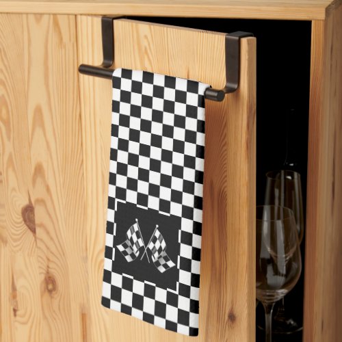 Cool Black And White Checkered Flag Pattern Kitchen Towel