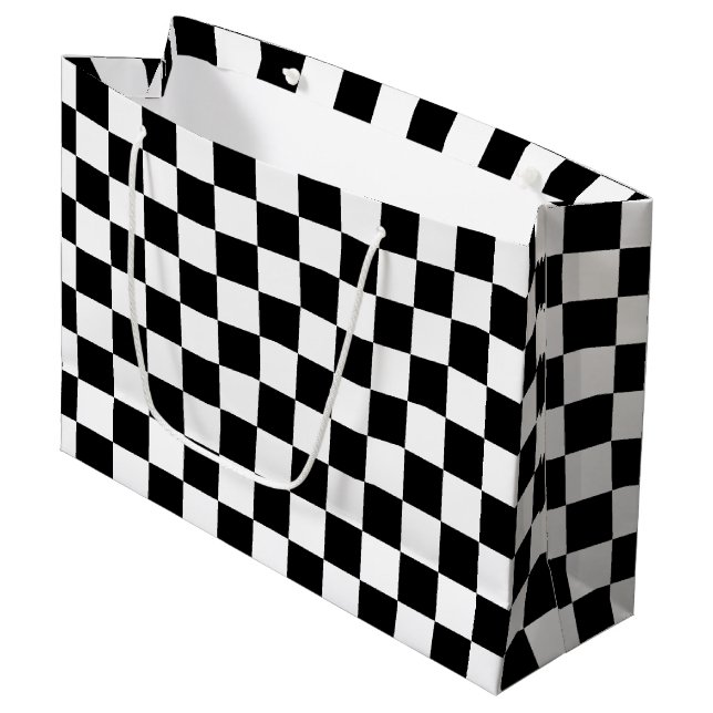 Cool Black And White Checkered Flag Pattern Large Gift Bag (Front Angled)