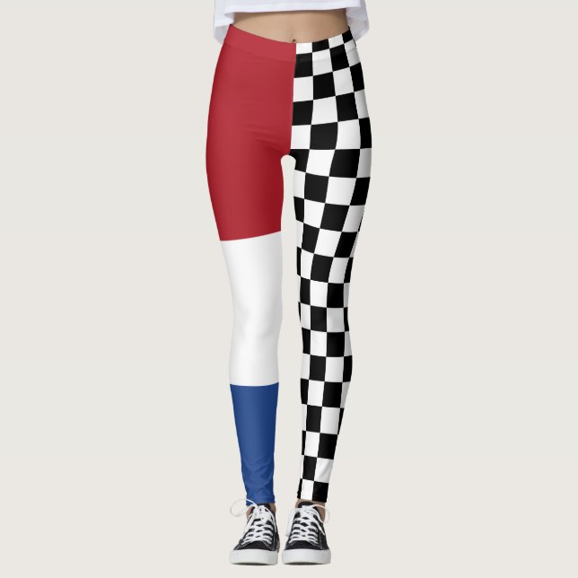 Cool Black And White Checkered Flag Pattern Print Leggings (Front)