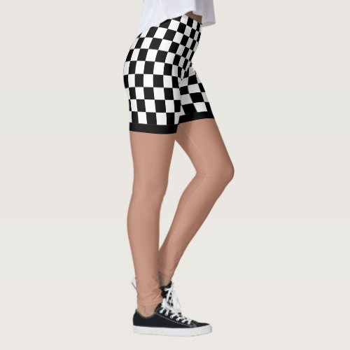 Cool Black And White Checkered Flag Pattern Print Leggings