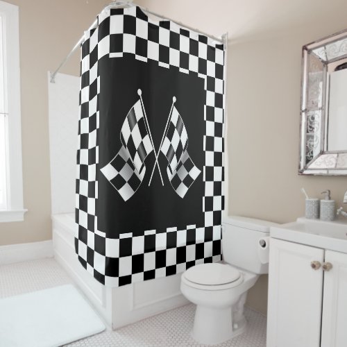 Cool Black And White Checkered Flag Pattern Shower Curtain