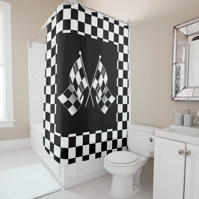 Cool Black And White Checkered Flag Pattern Shower Curtain (In Situ)