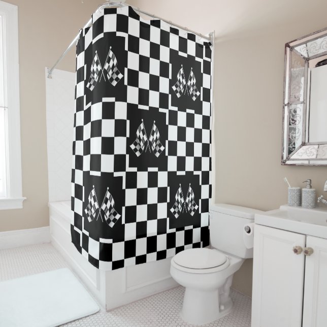Cool Black And White Checkered Flag Pattern Shower Curtain (In Situ)