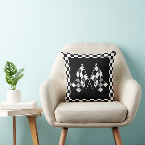Cool Black And White Checkered Flag pattern Throw Pillow