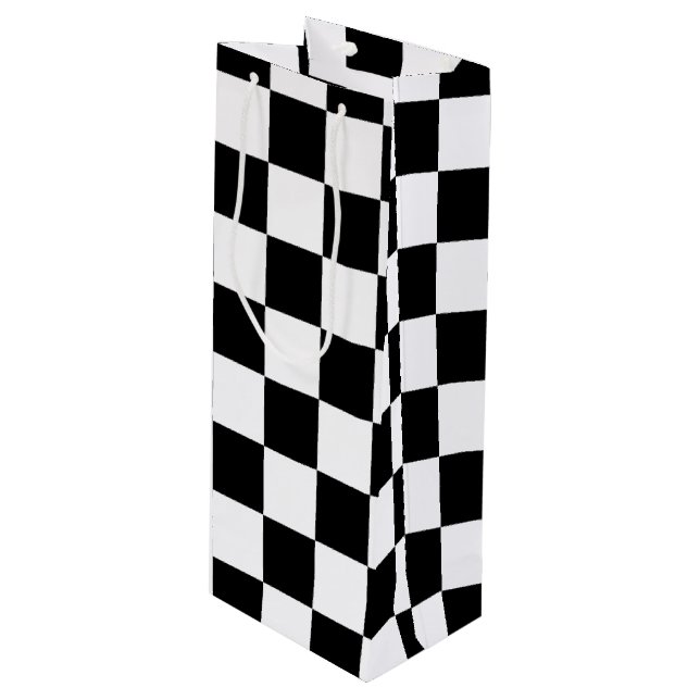 Cool Black And White Checkered Flag Pattern Wine Gift Bag (Front Angled)