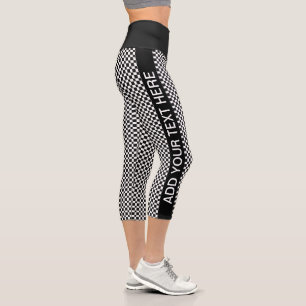 Cool Black and White Checkered Pattern Custom Text Capri Leggings
