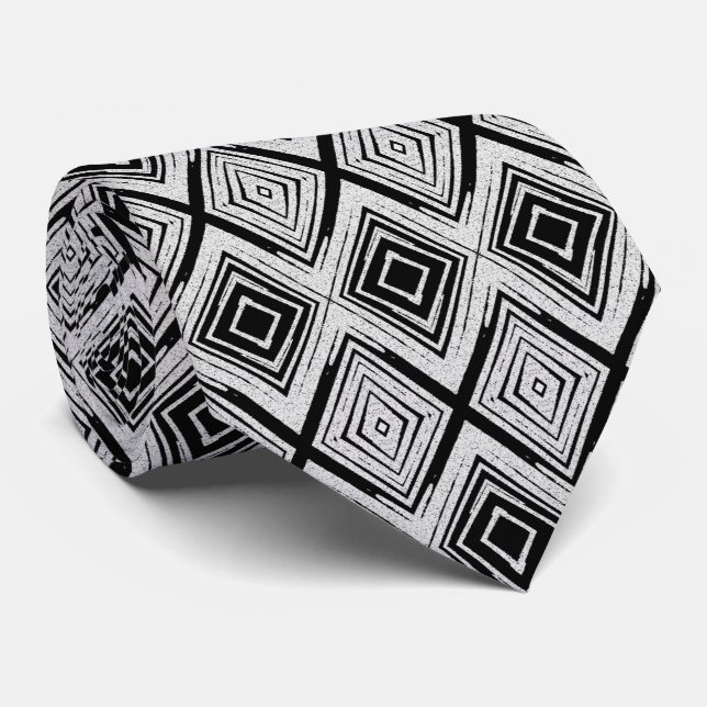 Cool Black and White Diamond Rectangular Pattern Neck Tie (Rolled)