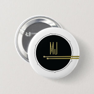 Cool Black and White Drums Rock Music Monogram Button