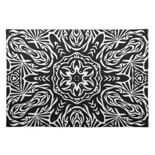 Cool Black and White Geometric Mandala Pattern Cloth Placemat