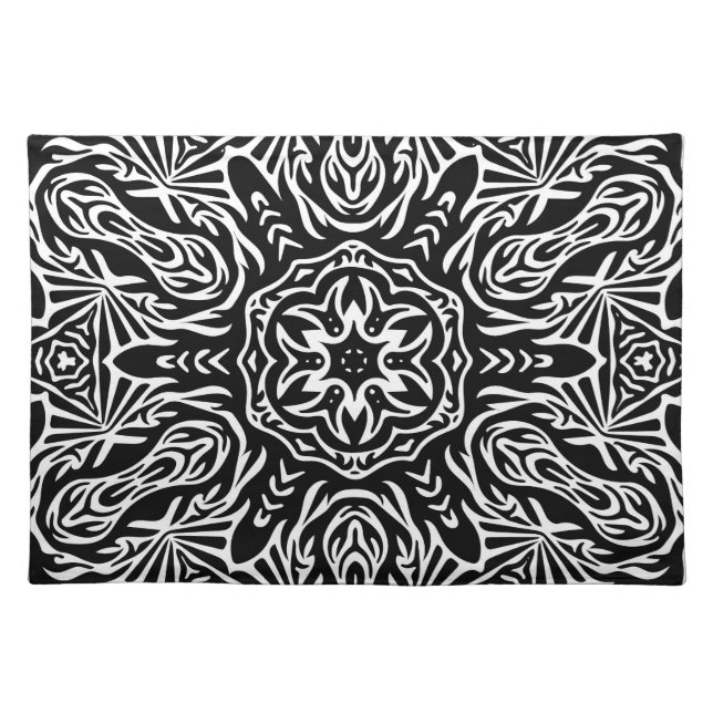Cool Black and White Geometric Mandala Pattern Cloth Placemat (Front)