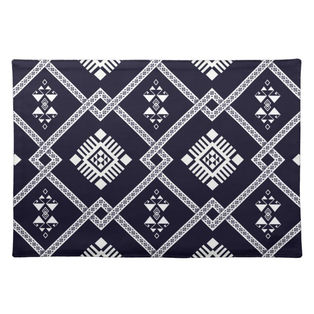 Cool Black and White Geometric Oriental Pattern Cloth Placemat (Front)