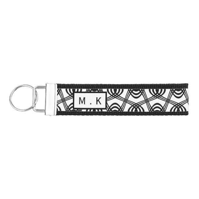 Cool Black and White Geometric Pattern Monogram Wrist Keychain (Keys on Left)