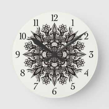 Cool Black And White Mushroom Botanical Mandala Round Clock by borianag at Zazzle