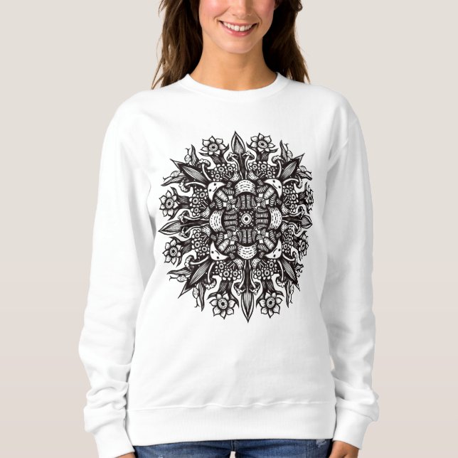 Cool Black And White Mushroom Botanical Mandala Sweatshirt (Front)