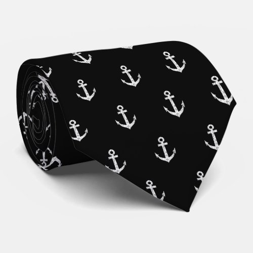 Cool black and white small nautical anchor pattern neck tie