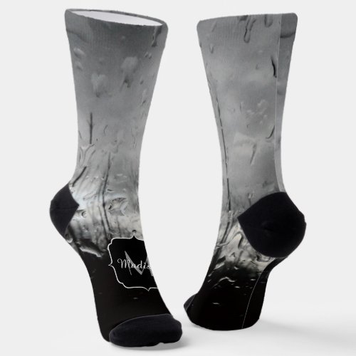 Cool black and white water drops abstract Monogram Socks