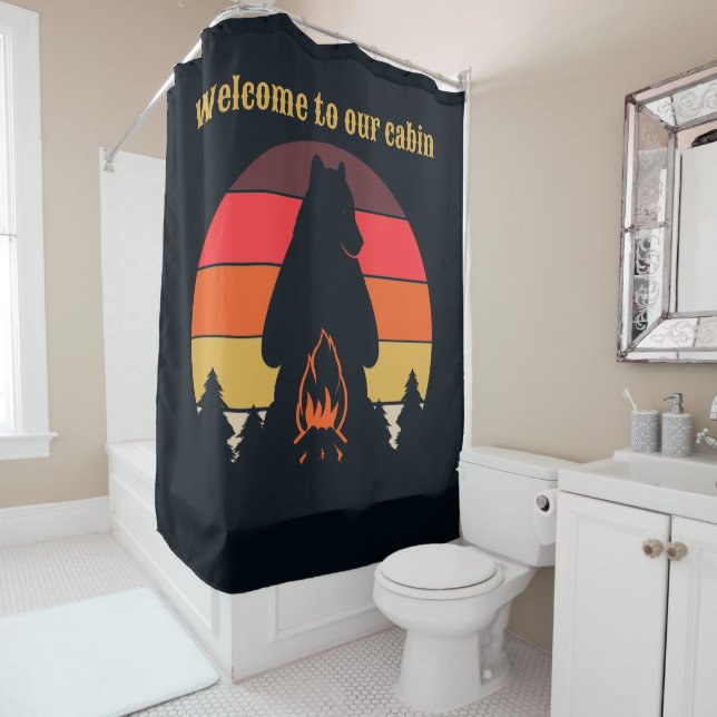 cool black bear cabin add text shower curtain (In Situ)
