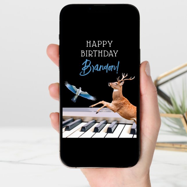 Cool Black & Blue Animal Piano Birthday Card (Front Digital)